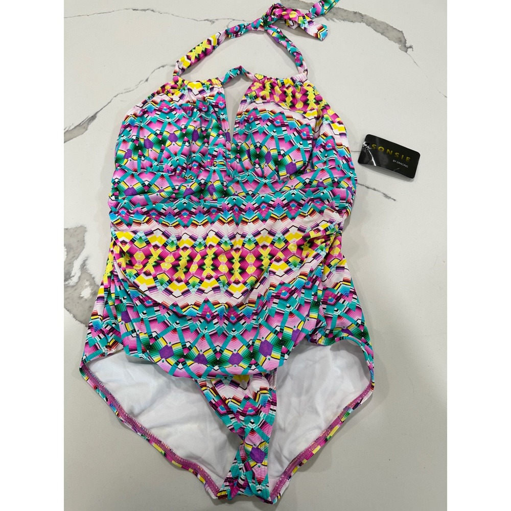 Sonsie by Gracing Ethnic Brite Stripe‎ Halter One Piece Swimsuit Multi Color 12